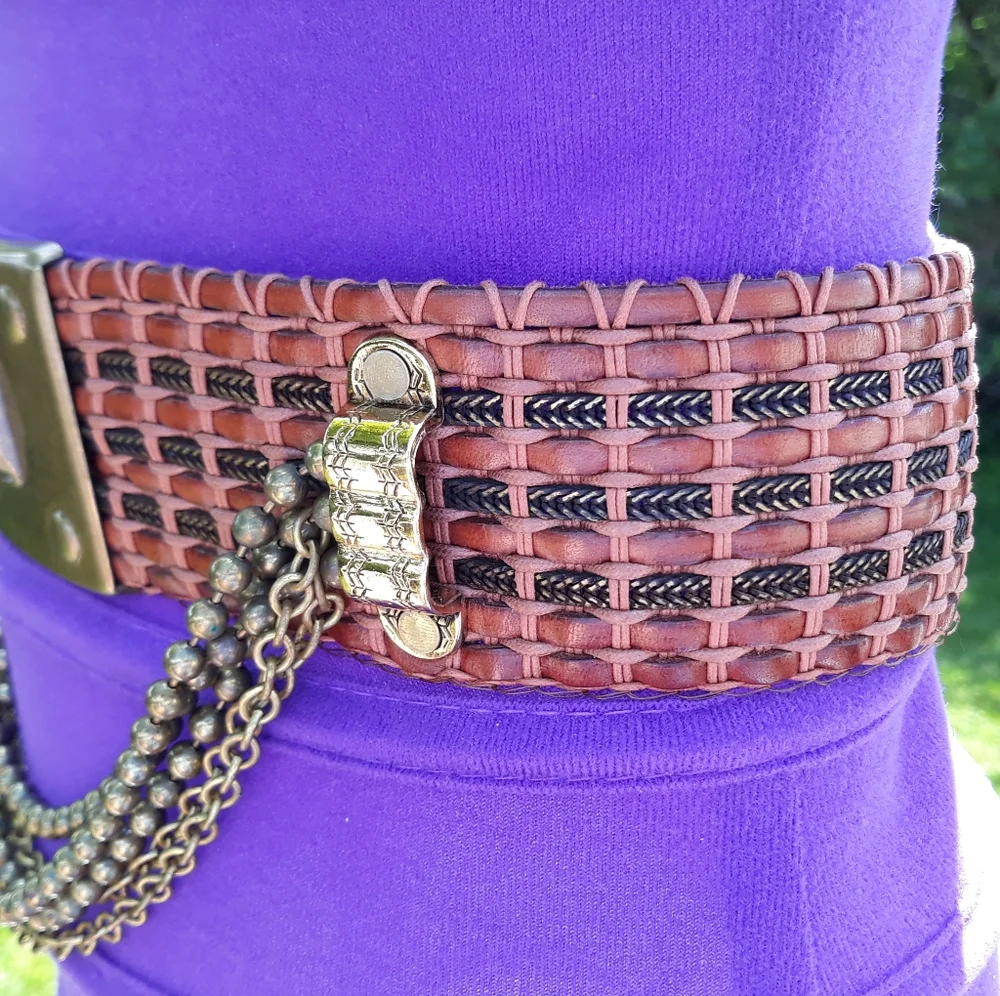 Streets Ahead Woven Leather & Brass Wide Belt S